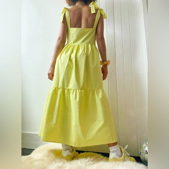 EUC Yellow Stradivarius Tiered PoplinMidi Dress with Bunny Ties - Picture 2 of 9